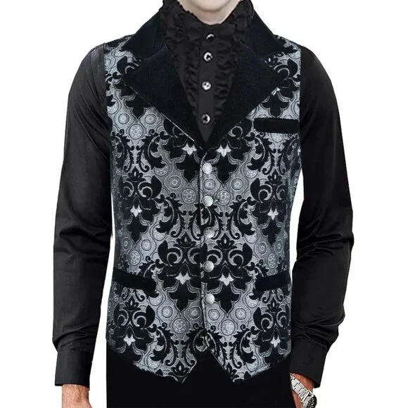 Victorian Gentleman's Aristocrat Vest Black Silver Tapestry Stylish Casual Vest - Picture 3 of 5